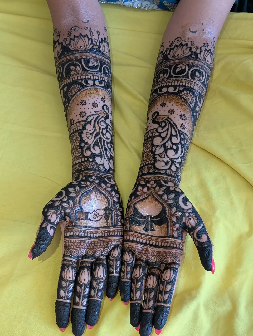 Jet-dark bridal mehndi with portraits and peacocks
